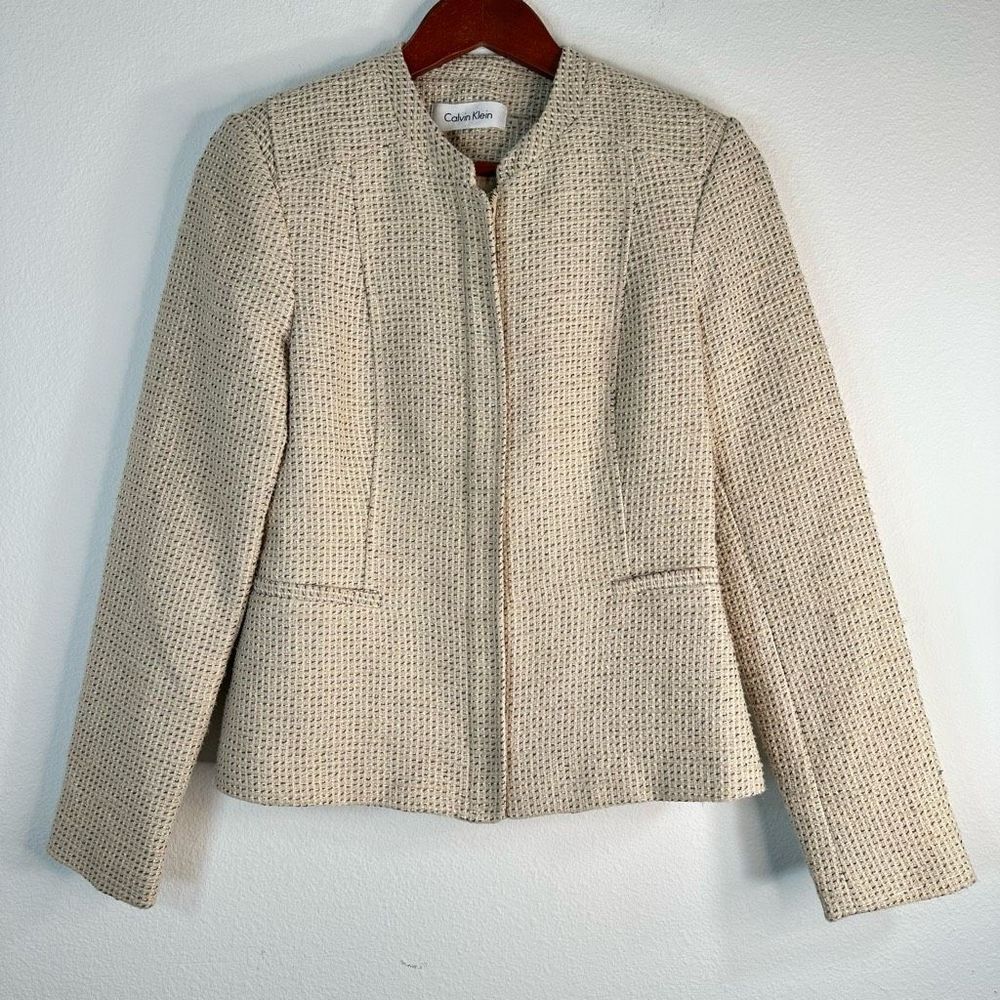 Calvin Klein‎ Marled Tweed Full Zip Blazer Jacket Womens 4 Preppy Modern Career